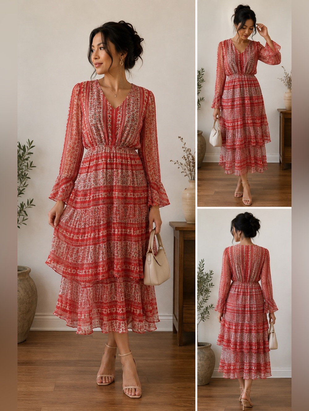 Women Tiered orange ruffle long full sleeve dress